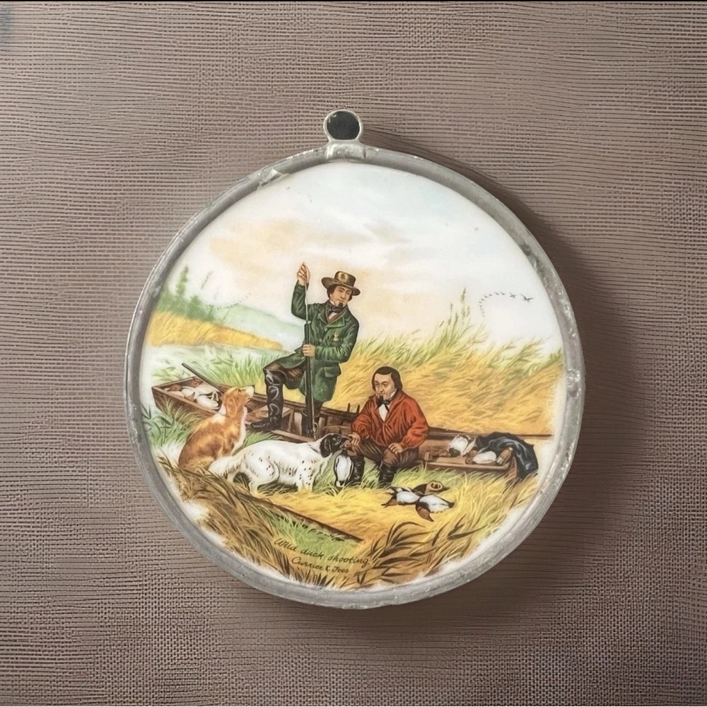 Vtg Stained Glass Wall Decor Currier & Ives Print Nature Scene Duck Hunt Dogs